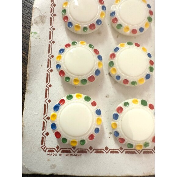 VTG 24 German Shank Buttons Hand Painted Dots White Original Card Sewing Germany - Picture 5 of 7